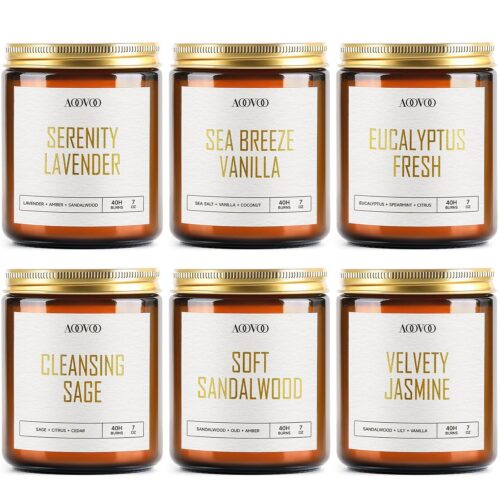 AOOVOO Candles Set - 6PC Scented Candles, Soy Candle, Aromatherapy Candle, Soy Wax Candle, Candle for Home Scented, Lavender/Vanilla/Eucalyptus/Sage/Jasmine/Sandalwood