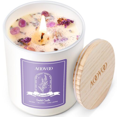 AOOVOO Lavender Scented Candles for Women - Aromatherapy Candle with Crystals Inside, 10oz Soy Candles for Home Scented, Birthday Gifts Mothers Day Candle for Women Mom