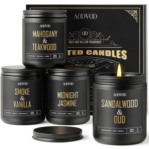 AOOVOO Scented Candles for Men - 4 Pack Candles for Home Scented, 36oz Soy Wax, 200 Hour Burn Time, Men Candle Set, Sandalwood Oud/Mahogany Teakwood/Smoke Vanilla/Jasmine Candle...