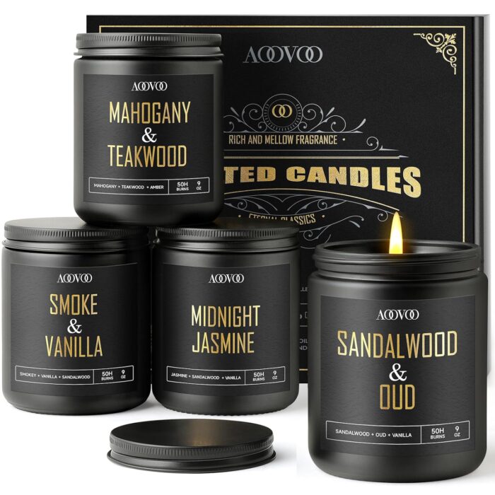 AOOVOO Scented Candles for Men - 4 Pack Candles for Home Scented, 36oz Soy Wax, 200 Hour Burn Time, Men Candle Set, Sandalwood Oud/Mahogany Teakwood/Smoke Vanilla/Jasmine Candle...