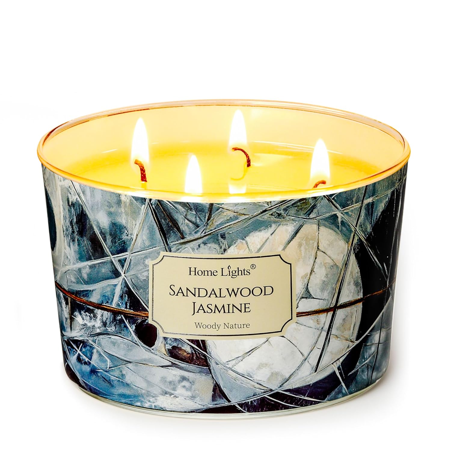 HomeLights Soy Wax Candles for Home Scented, 4-Wick Candles in Sandalwood Jasmine Scented, Industrial Chic Aromatherapy Candles Gift for Parties, Relaxing, 18oz