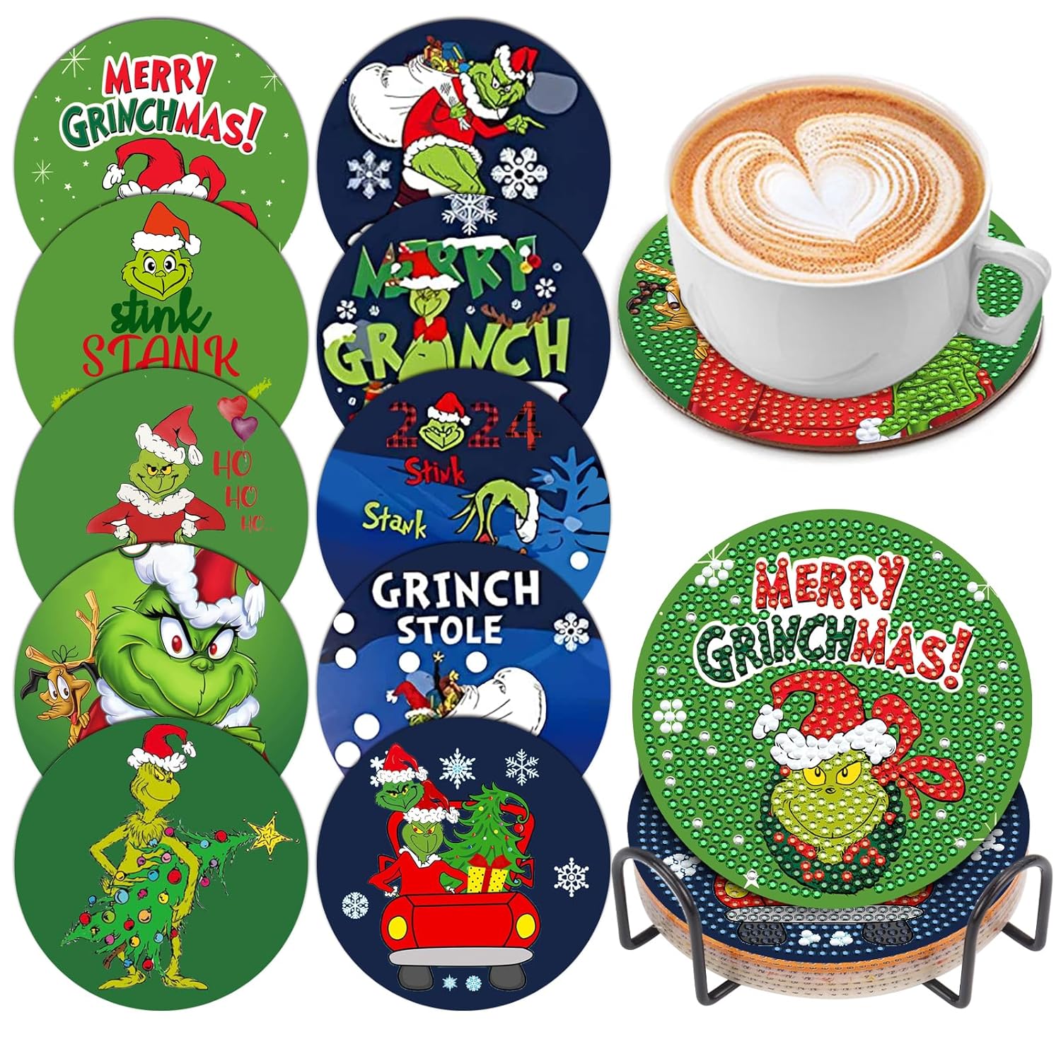 10 Pcs Christmas Diamond Painting Coasters Diamond Art Coasters with Holder, DIY Xmas Diamond Painting Kits for Adults & Beginners, Xmas Diamond Art Kits Craft Supplies