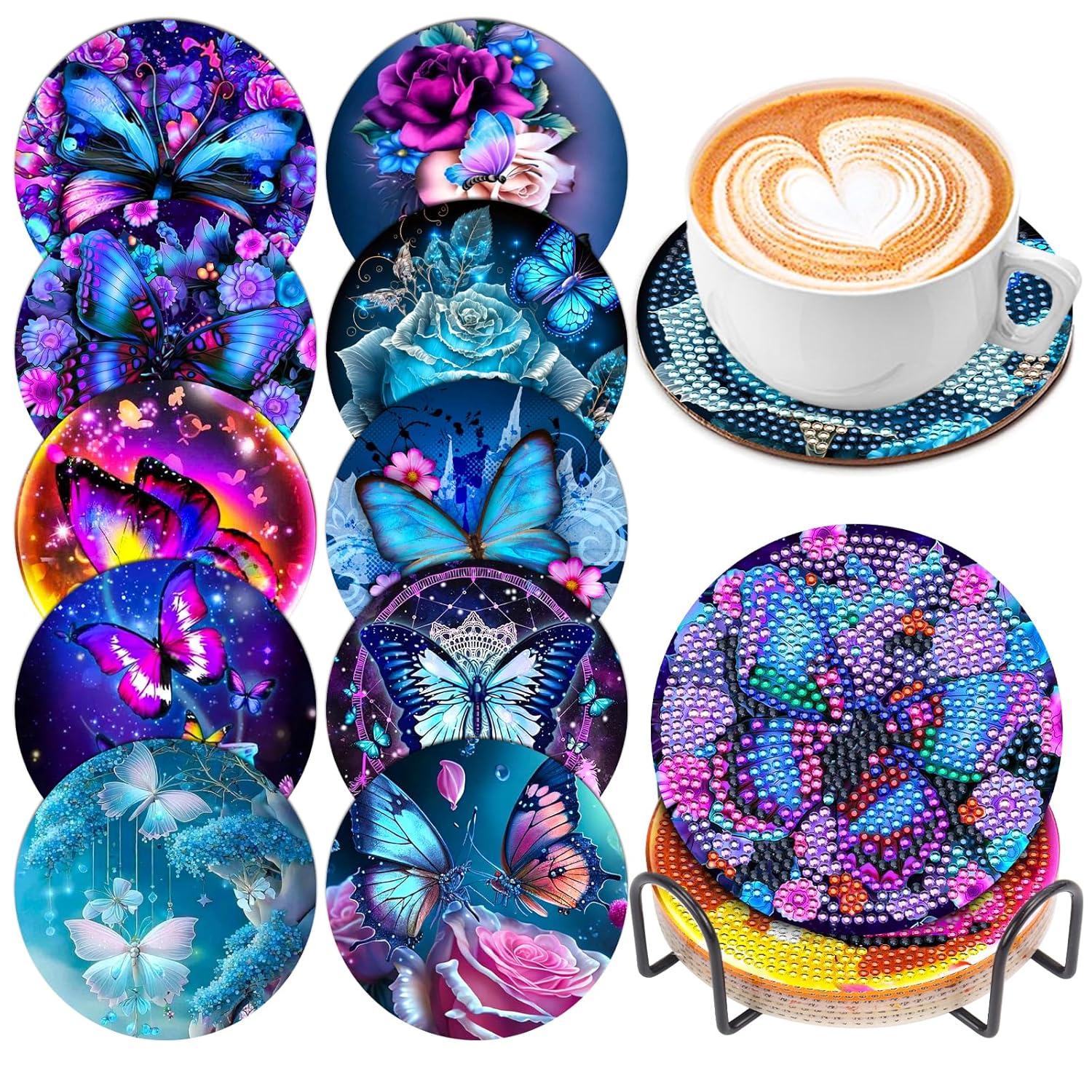 10 Pcs Diamond Painting Coasters, Butterfly Diamond Art Coasters with Holder, DIY Flowers Crafts Kits for Beginners, Adults, Kids