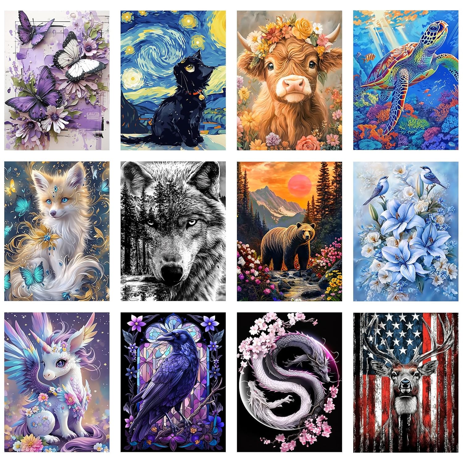 12 Pack Animals Diamond Art Kits for Adults, DIY 5D Diamond Painting Sets with Tools, Relaxing Gem Painting Craft Projects for Beginners, Home Wall Decor, Gift Idea(12X16 Inch)