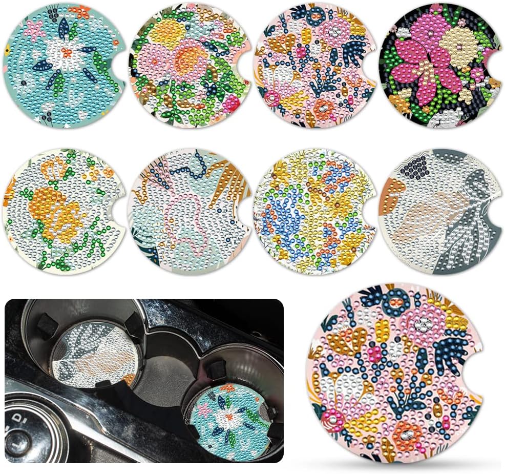 8 Pcs Diamond Painting Coasters, Flowers Diamond Art Car Coasters for Cup Holder, 2.8 Inches Flowers for Drinks, Small Diamond Painting Kits Supplies, DIY Crafts for Adults Kids