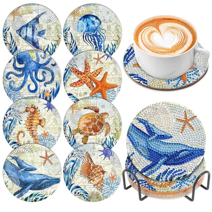 8 Pcs Ocean Diamond Art Coasters Kits for Adults with Holder Cork Pads, DIY Diamond Art Dots Painting Coasters Kits for Adults Beginners, Ideal Gift
