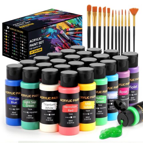 Acrylic Paint Set, 24 Colors (2 oz/Bottle) with 12 Art Brushes, Art Supplies for Painting Canvas, Wood, Ceramic & Fabric, Rich Pigments Lasting Quality for Beginners, Students &...
