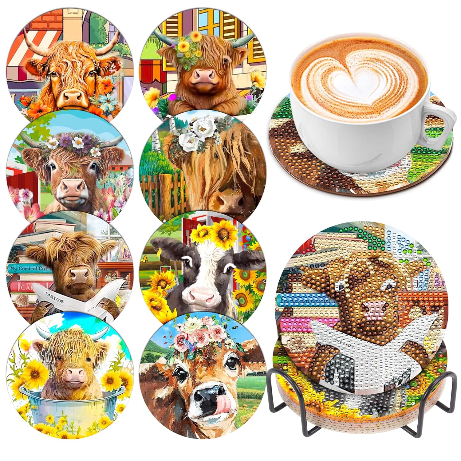 Art Kit, DIY Highland Cow Diamond Art Coasters with Holder, 8 Pcs Interactive Coaster Set for Drinks, DIY Craft Supplies for Adults Kids, Ideal Gift