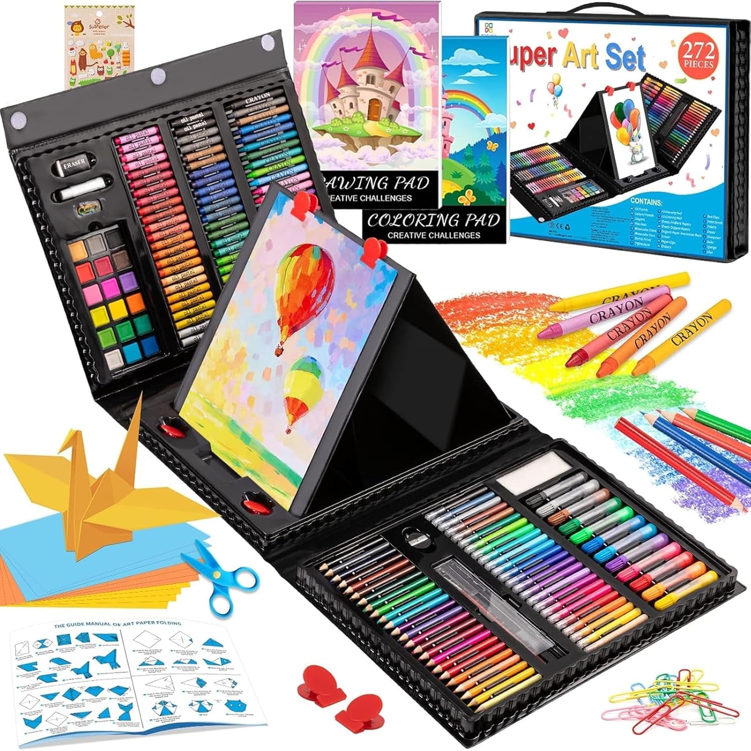 Art Supplies, 272 Pack Art Set Drawing Kit for Girls Boys Teens Artist, Deluxe Gift Art Box with Trifold Easel, Origami Paper, Coloring Book, Drawing Pad, Pastels, Crayons,...