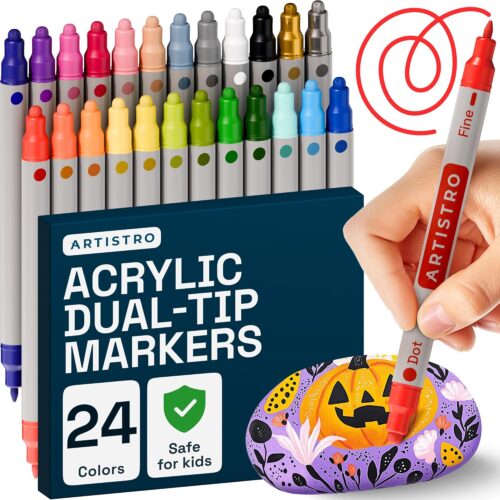 ARTISTRO Acrylic Paint Markers for Rock, Fabric, Wood, Glass, Craft - 24 Quick Dry Dual-Tip Paint Pens for Halloween Decorations - Pumpkin Painting Kit, Drawing Markers, Art...