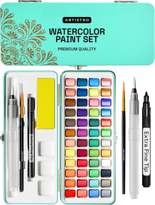 ARTISTRO Watercolor Paint Set Portable, Palette Set with Metallic Colors for Workbooks - Mini Travel Painting Kit for Artists, Professionals, Adults, Kids, Girls&Boys - Art...