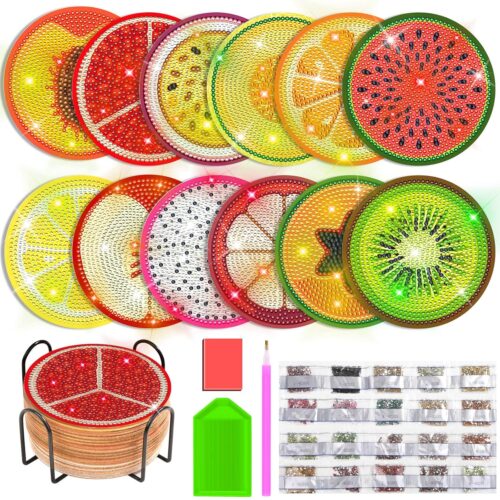 Billbotk 12 Pieces Diamond Art Painting Coasters Kit with Holder, Diamond Art Coasters, DIY Diamond Crafts Projects, Diamond Dot Kits for Adults and Beginners(Fruit Style)