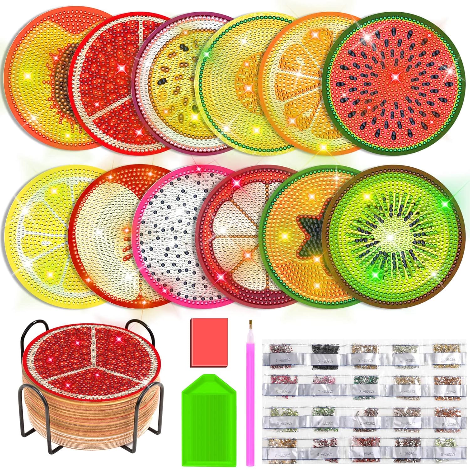 Billbotk 12 Pieces Diamond Art Painting Coasters Kit with Holder, Diamond Art Coasters, DIY Diamond Crafts Projects, Diamond Dot Kits for Adults and Beginners(Fruit Style)