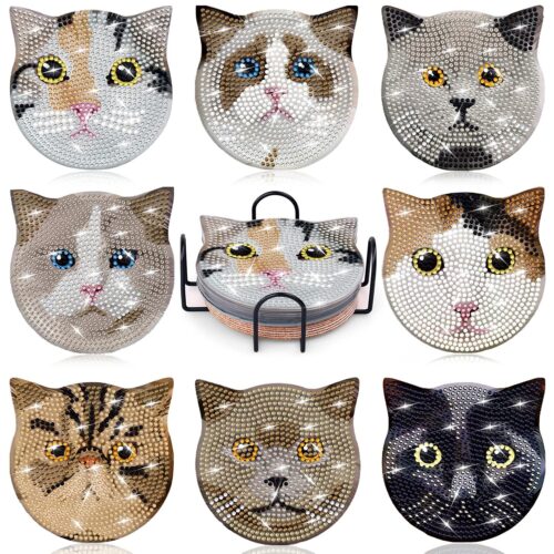 Billbotk 8 Pieces Diamond Painting Coasters Kit with Holder, Diamond Art Coasters, DIY Diamond Art Crafts Projects, Diamond Dot Kits for Adults and Beginners(Cat Style)