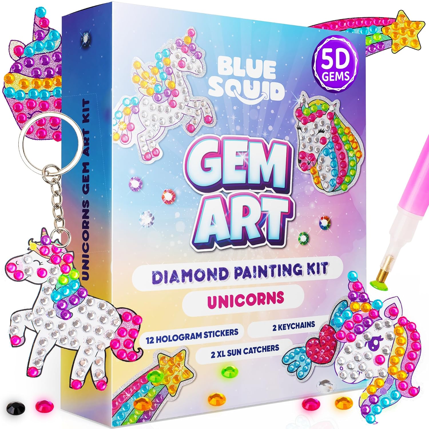 Blue Squid Diamond Art Kits for Kids – Unicorn – Fun & Easy DIY 5D Gem Art Gift Set for Keychains, Stickers, Sun Catchers – Diamond Painting Kit Arts & Crafts Kit for Kids,…