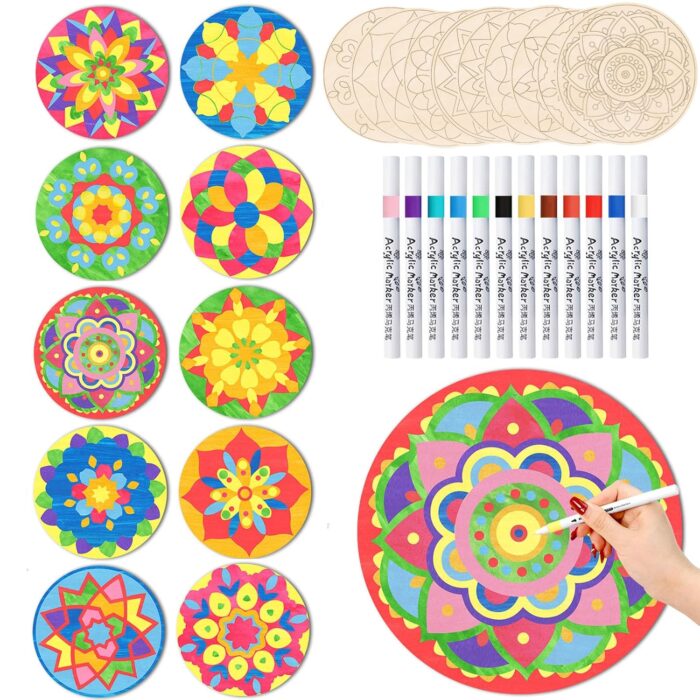 Brmeday 22Pcs Mandala Art Kit, DIY Unfinished Wood Crafts with Markers, 10 Wood Rounds - Perfect Hobby for Adults, Kids, Teens & Seniors - Ideal Gift for Beginners, Women &...