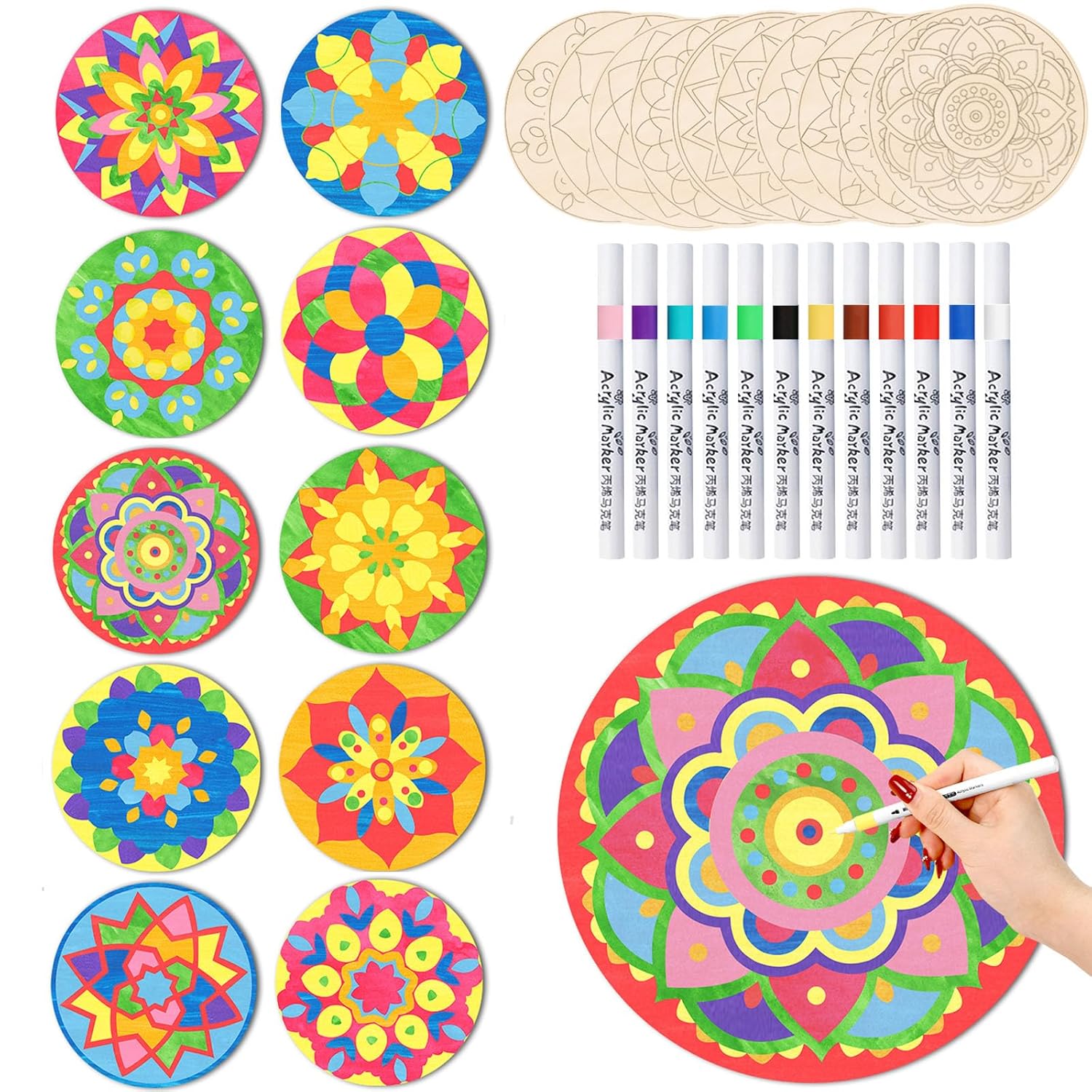 Brmeday 22Pcs Mandala Art Kit, DIY Unfinished Wood Crafts with Markers, 10 Wood Rounds – Perfect Hobby for Adults, Kids, Teens & Seniors – Ideal Gift for Beginners, Women &…
