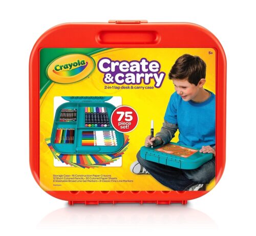 Crayola Create 'N Carry Travel Art Set for Kids (75pcs), 2-in-1 Lap Desk & Carrying Case, Holiday for Kids, Art Supplies Kit for Crafting, Drawing & Coloring