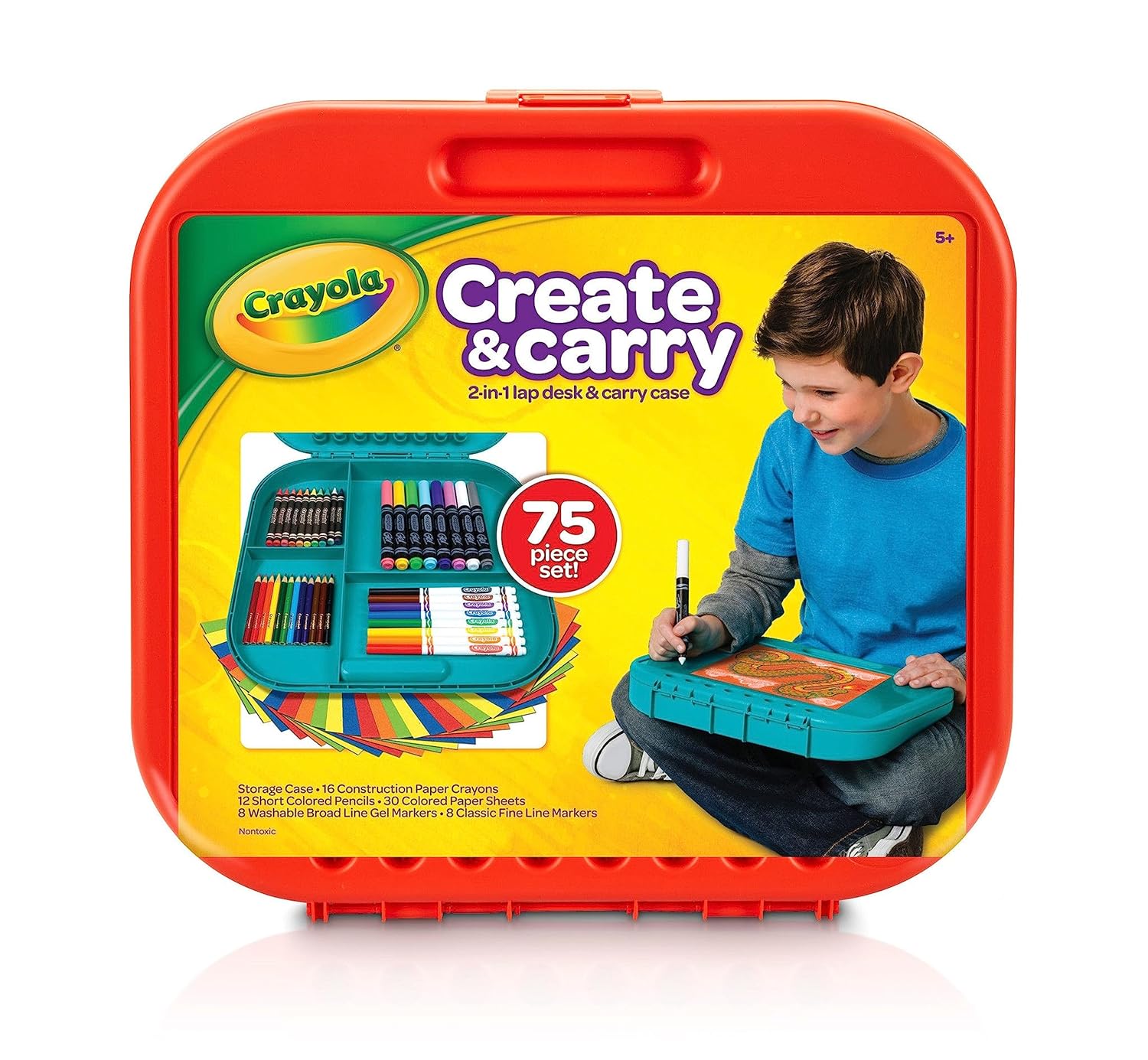 Crayola Create ‘N Carry Travel Art Set for Kids (75pcs), 2-in-1 Lap Desk & Carrying Case, Holiday for Kids, Art Supplies Kit for Crafting, Drawing & Coloring