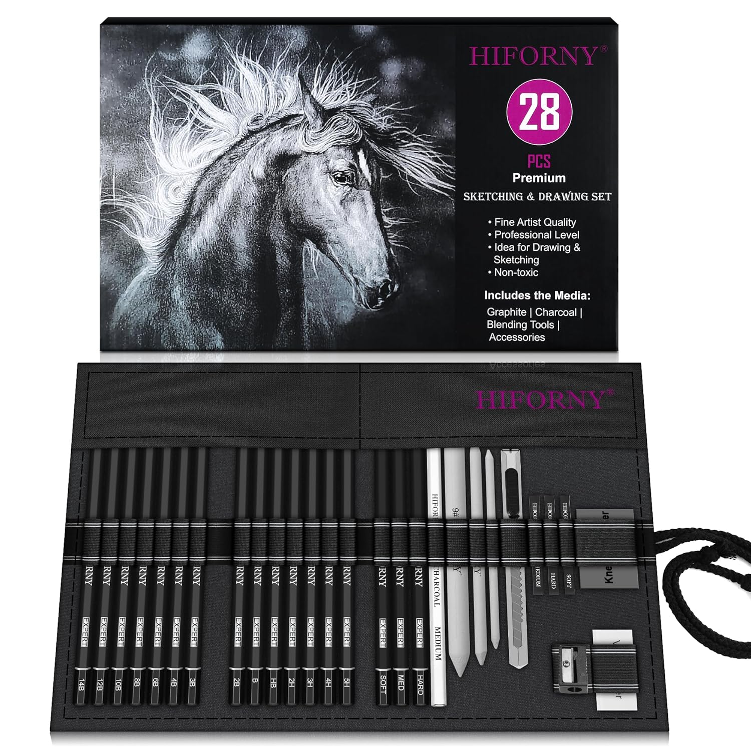 HIFORNY 28 PCS Sketching Drawing Pencil Set,Sketch Pencils Art Supplies with Graphite,Charcoal,Blending Tools,Accessories,Drawing Kit for Adults Artists in Canvas Roll Up Case