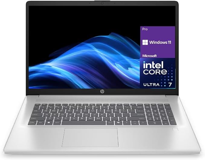 HP 17.3″ AI Laptop, Intel Core Ultra 7 255U, 16GB DDR5, 512GB SSD, HD Touchscreen, Backlit Keyboard, Windows 11 Pro, Wi-Fi 6, Natural Silver