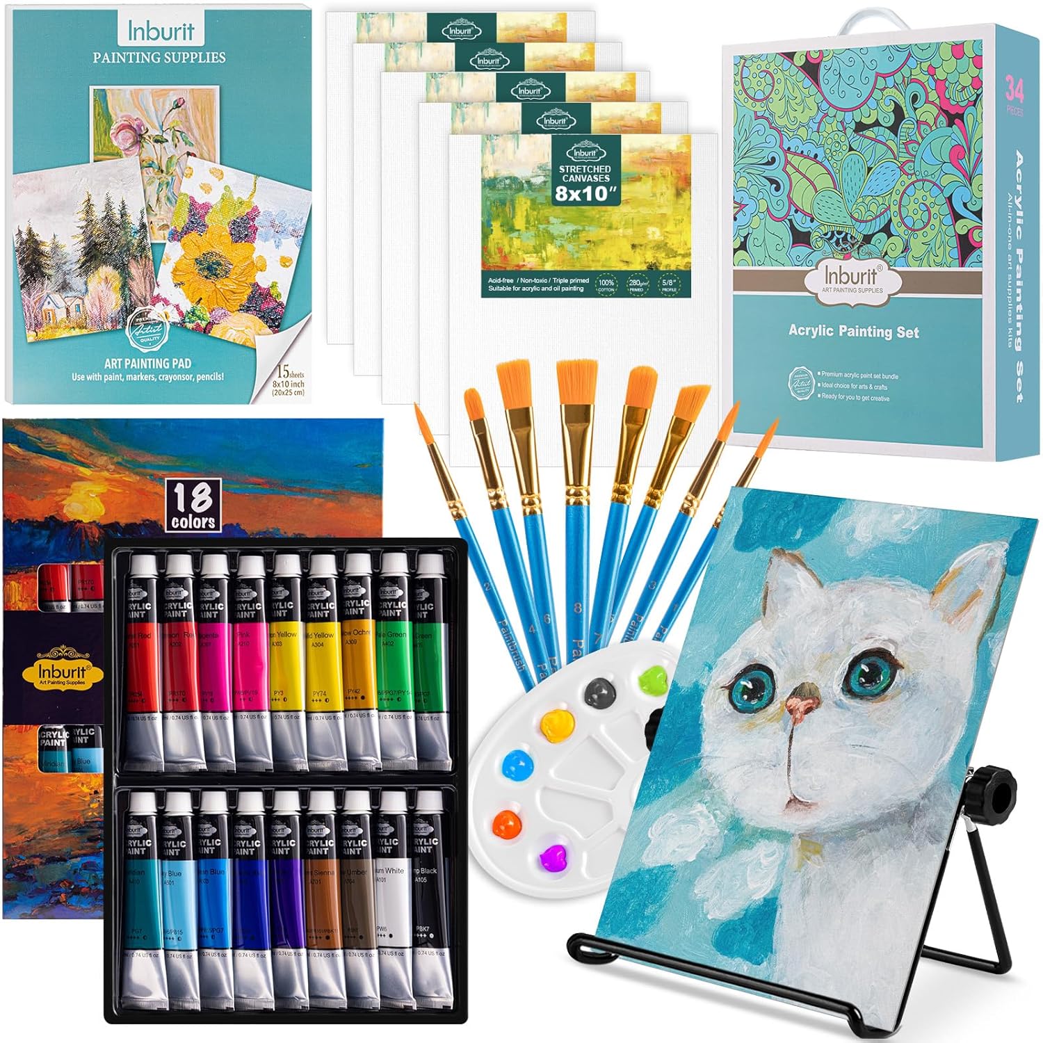 Inburit Art Paint Set for Kids, Painting Supplies Kit with 5 Canvas Panels, 8 Brushes, 18 Acrylic Paints, Multi-Function Table Easel, Etc, Premium Acrylic Paint Set for...