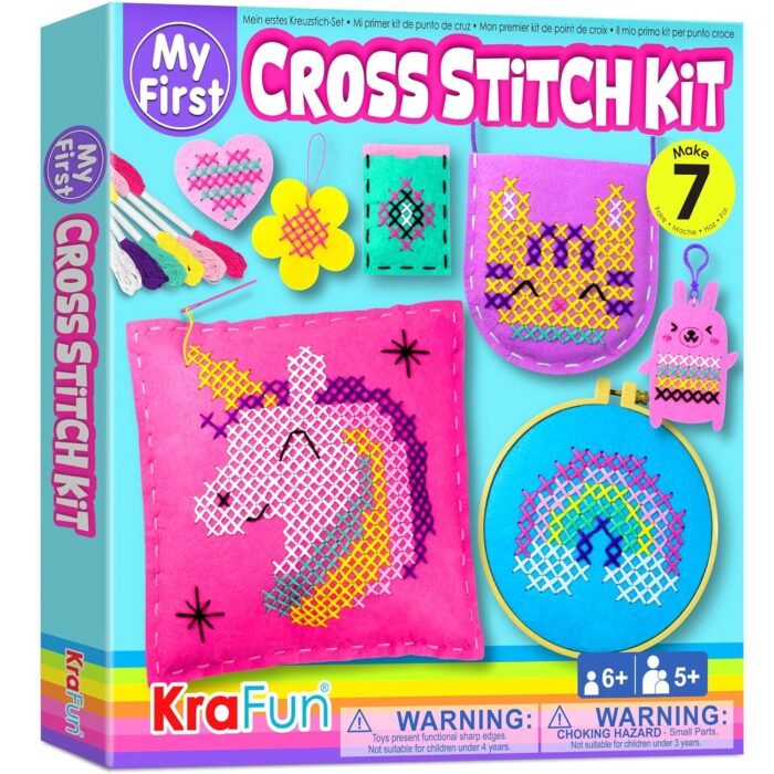 KRAFUN Beginner My First Cross Stitch Kit for Kids Arts & Crafts, 6 Easy Projects of Felt Keyring, Bag, Pillow Craft, Instructions, Gift for Girls and Boys, Learn DIY Crafting,...