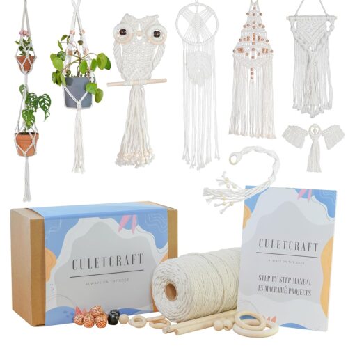 Macrame Kit for Beginners 153pc, 15 Projects Book, 164yd Cotton Macrame Cord, Wooden Beads & Sticks, Wooden & Metal Rings, Gift Box, Book & Accessories, Perfect Macrame Starter Kit