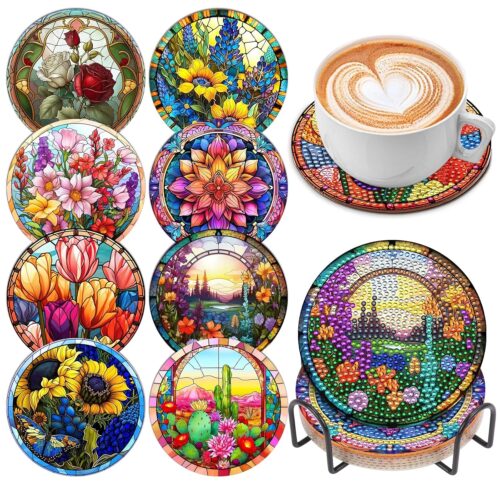 SOEWIOU 8 Pcs Diamond Art Painting Coasters with Holder, DIY Colorful Flowers Diamond Art Coasters for Drinks Diamond Art Painting Kits for Beginners, Diamond Kits Craft...