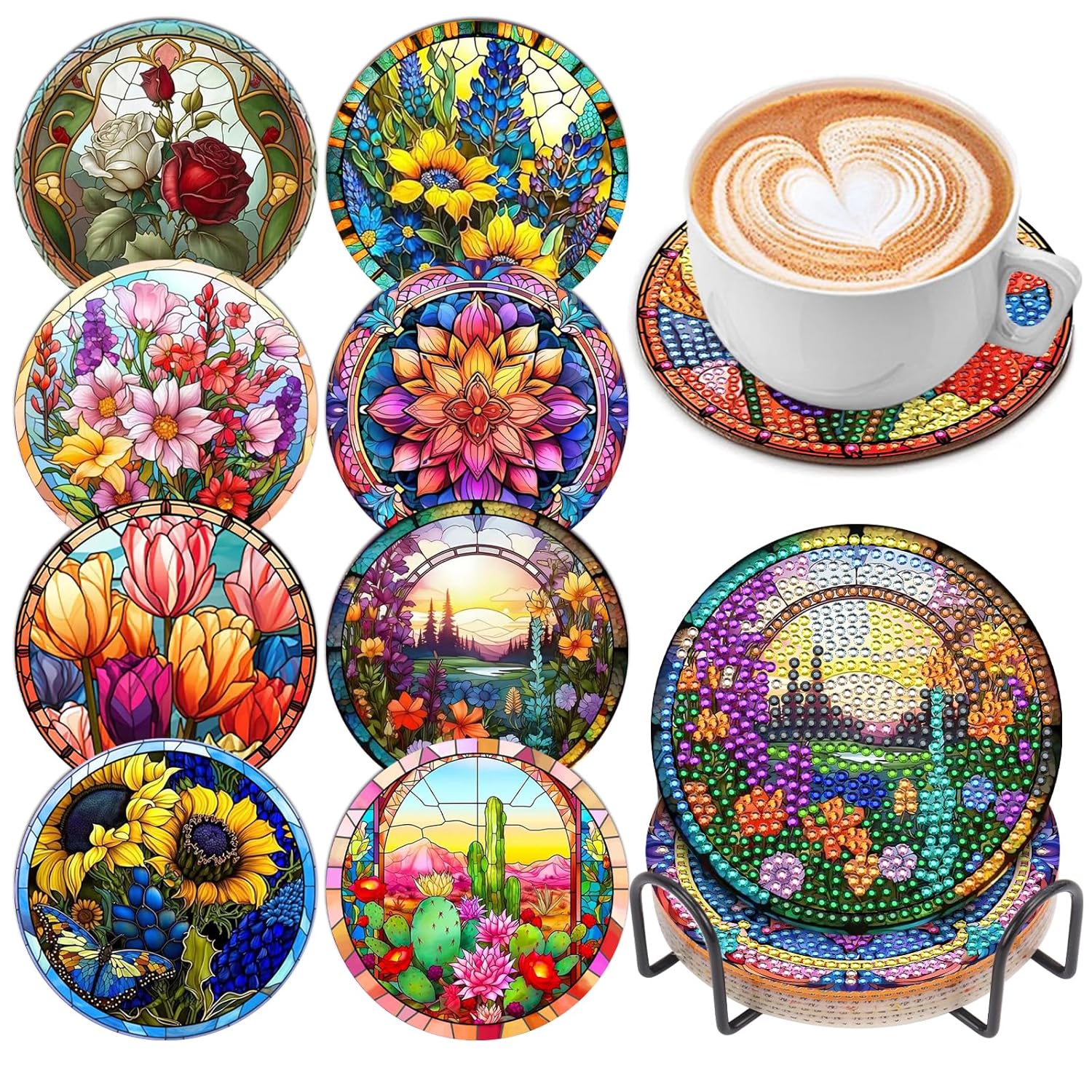 SOEWIOU 8 Pcs Diamond Art Painting Coasters with Holder, DIY Colorful Flowers Diamond Art Coasters for Drinks Diamond Art Painting Kits for Beginners, Diamond Kits Craft…