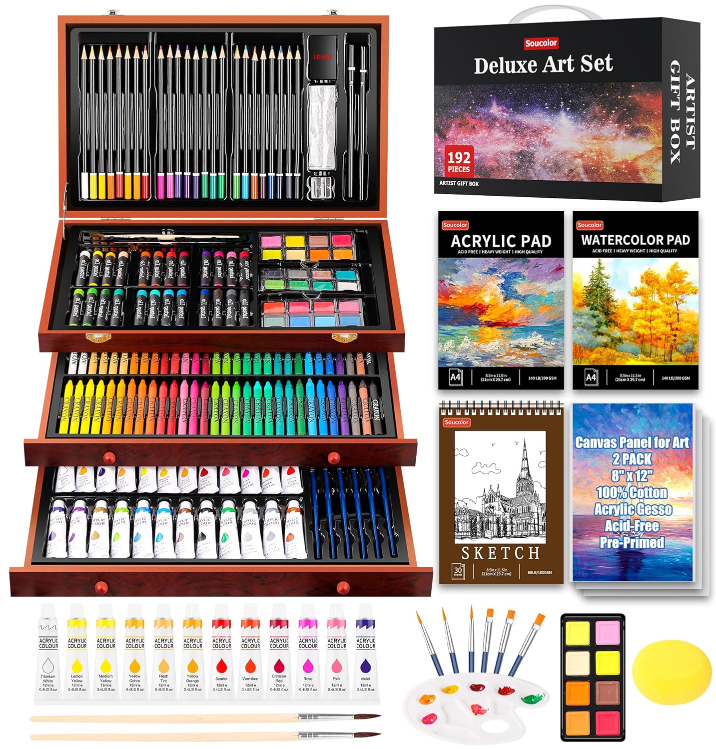 Soucolor Art Supplies, 192-Pack Deluxe Art Set Drawing Painting Supplies Kit with Acrylic Pad, Watercolor Pad, Sketch Book, Canvases, Acrylic Paint, Crayons, Pencils, Gifts for…
