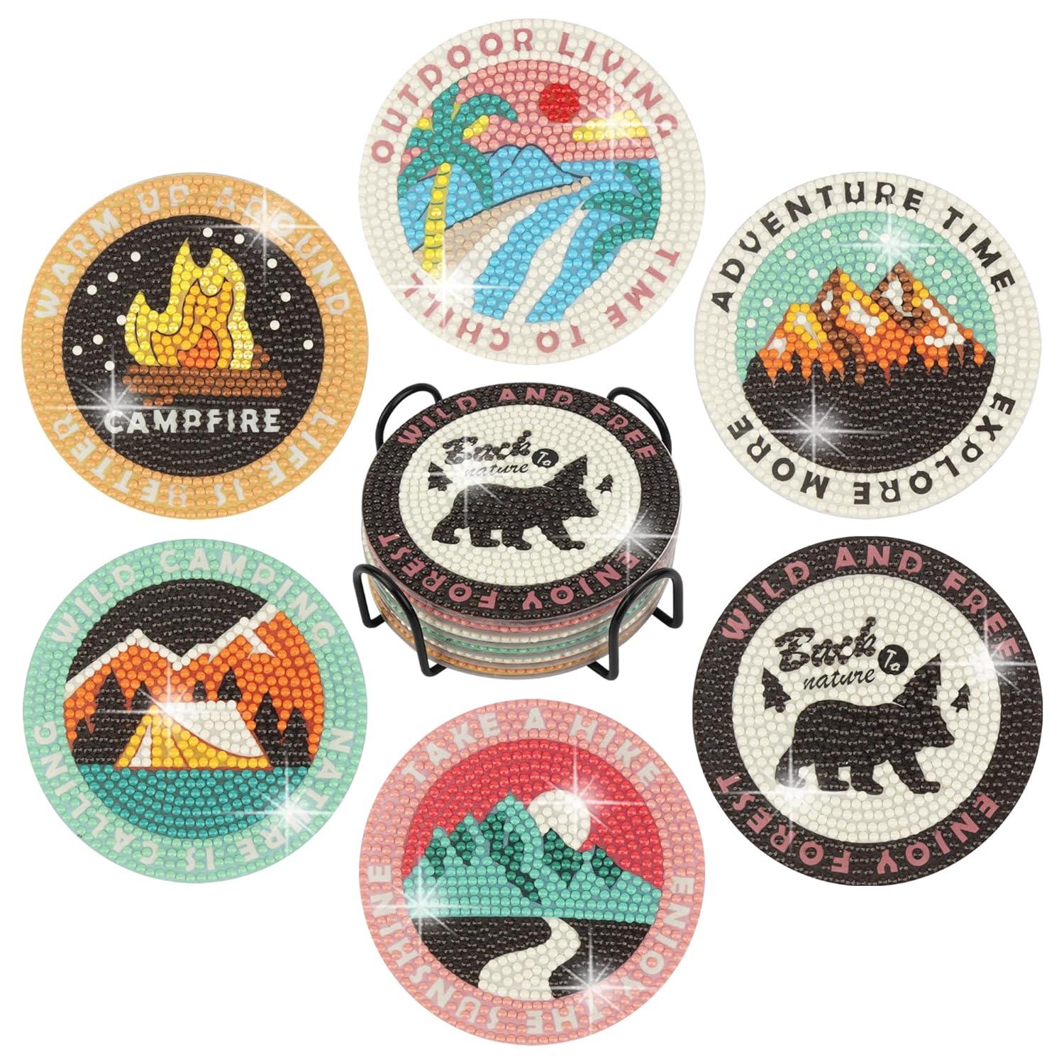 Temlum 6 Pcs Diamond Painting Coasters with Holder, DIY Outdoor Camping Coasters Diamond Art Kits for Beginners, Adults Small Diamond Painting Art Craft Supplies