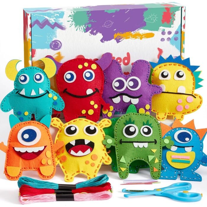 TUZT My First Sewing Kit for Kids - Monster Sewing Craft Kit for Beginners with 12 Pre-Cut Monster Plush Toys, Scissor, Plastic Needles & Thread, DIY Felt Crafts Project for...