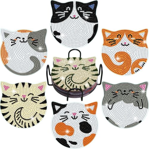 Vcekract Diamond Painting Coasters Kits, 6 Pcs Cat Diamond Art Coasters with Holder, Crafts Kits for DIY Coasters, Diamond Art Kits for Adults