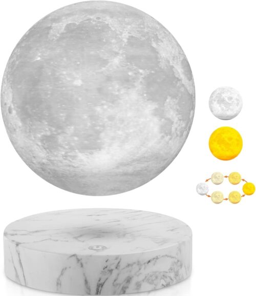 VGAzer Levitating Moon Lamp,Floating and Spinning in Air Freely with 3D Printing LED Moon Light Has 3 Colors for Unique Christmas Gifts,Room Decor (Marble Base 3 Colors)