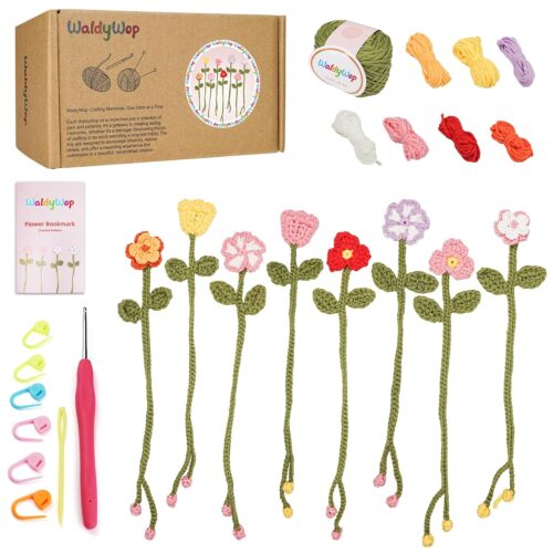 WaldyWop Crochet Kit for Beginners - 8 Flower Bookmarks Knitting Kit w/Step-by-Step Video Tutorials & Soft Yarn, Hook - Wobbles DIY Art Craft Kit for Adults Kids, Birthday Gifts...