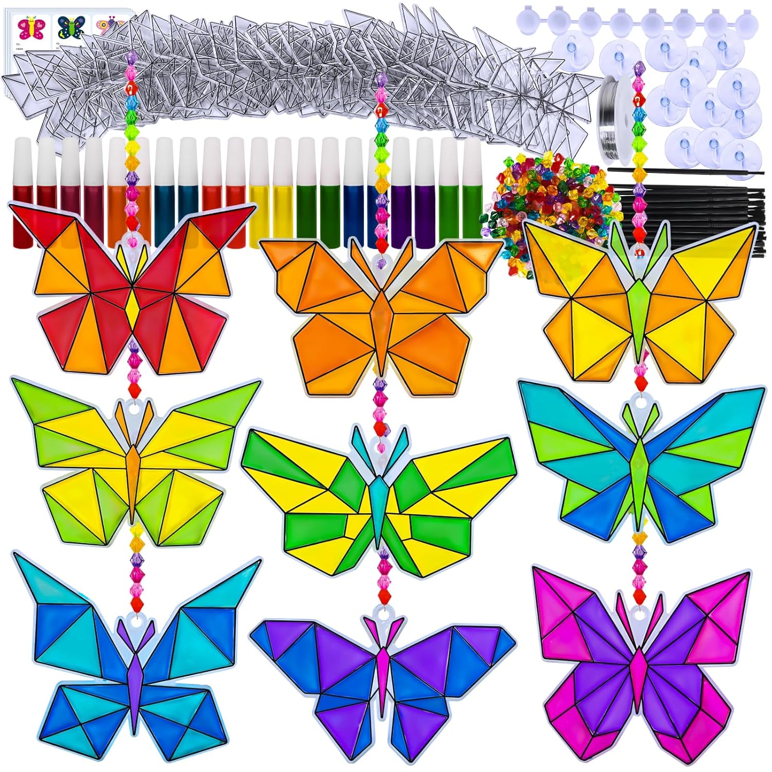 Winlyn 27 Sets Butterfly Suncatchers Ornaments Decorations DIY Window Paint Art Craft Kits Rainbow Sun Catchers Painting Kit for Kids Spring Summer Camping Classroom Party…