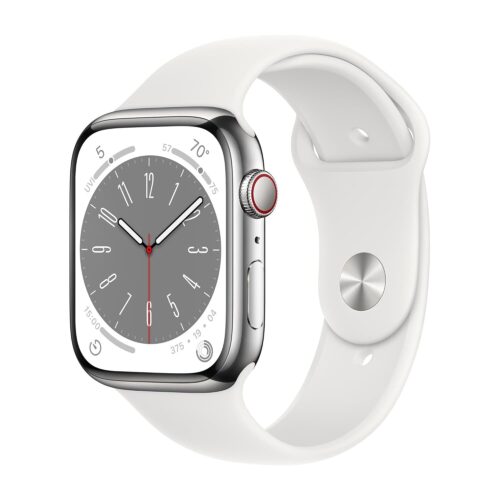 Apple Watch Series 8 (GPS + Cellular, 45MM) Silver Stainless Steel Case with White Sport Band (Renewed)