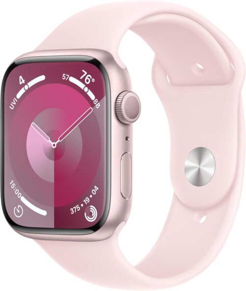 Apple Watch Series 9 [GPS 45mm] Pink Aluminum Case with Pink Sport Band S/M (Renewed Premium)