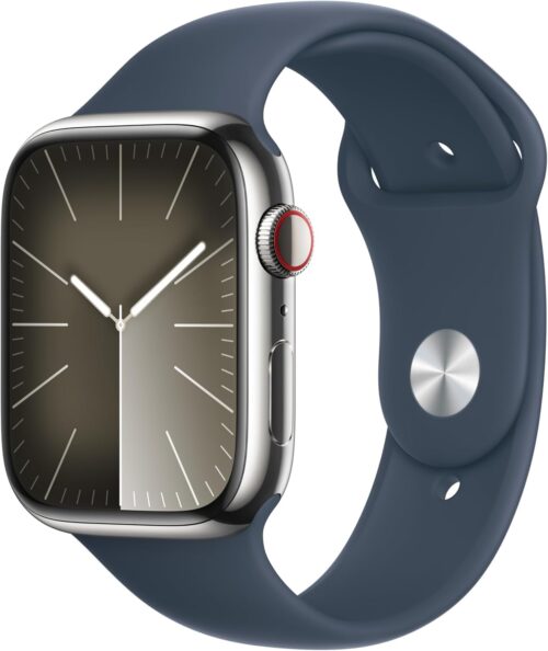 Apple Watch Series 9 [GPS + Cellular, 45mm] - Silver Stainless Steel Case with Storm Blue Sport Band, M/L (Renewed)