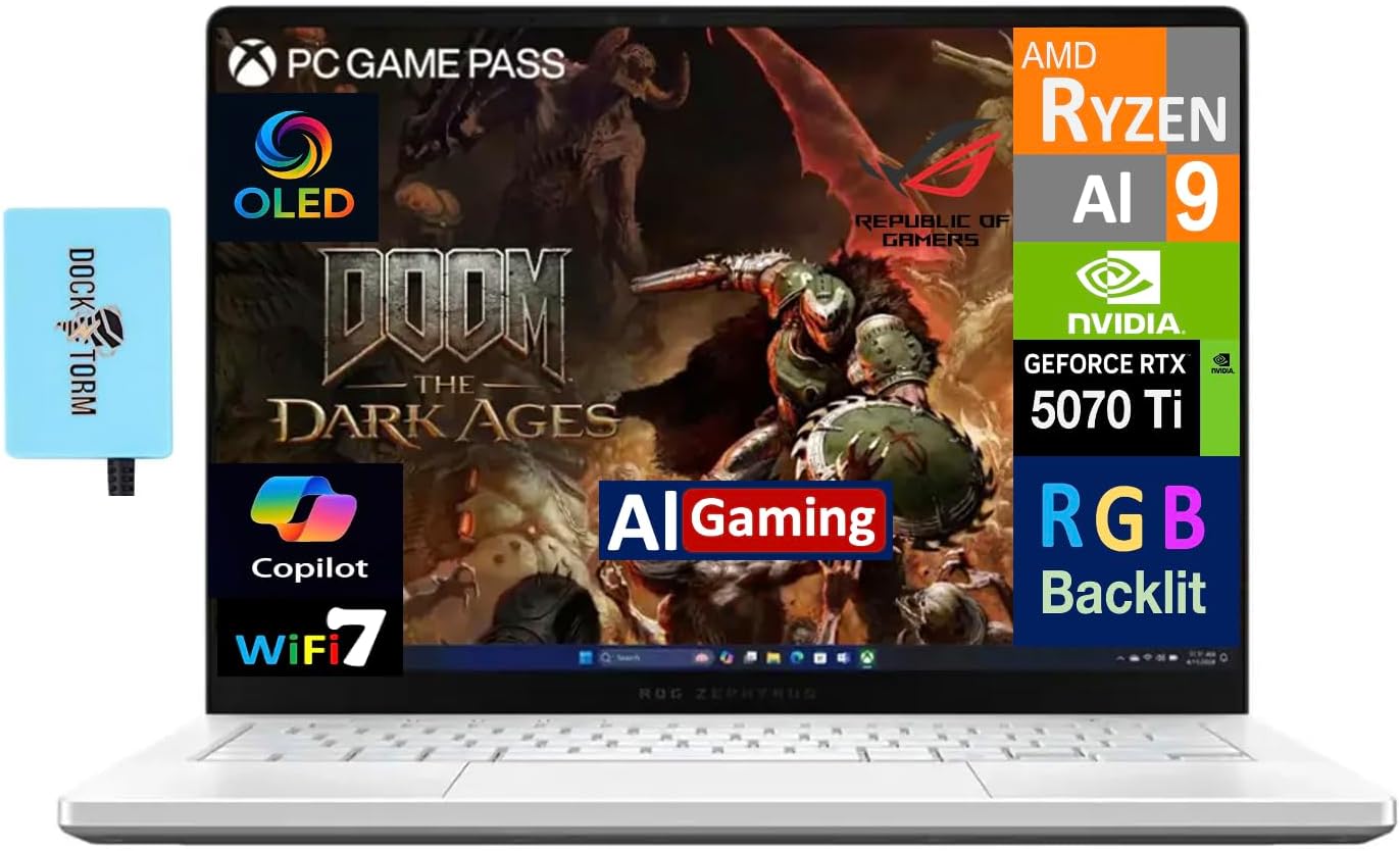 ASUS ROG Zephyrus AI Gaming Laptop 14.0″ 120Hz OLED 2.8K Display (AMD Ryzen AI 9 HX 370, GeForce RTX 5070 Ti 12GB, 32GB LPDDR5X, 2TB PCIe SSD, RGB KB, Win 11 Pro) w/Dockztorm Hub