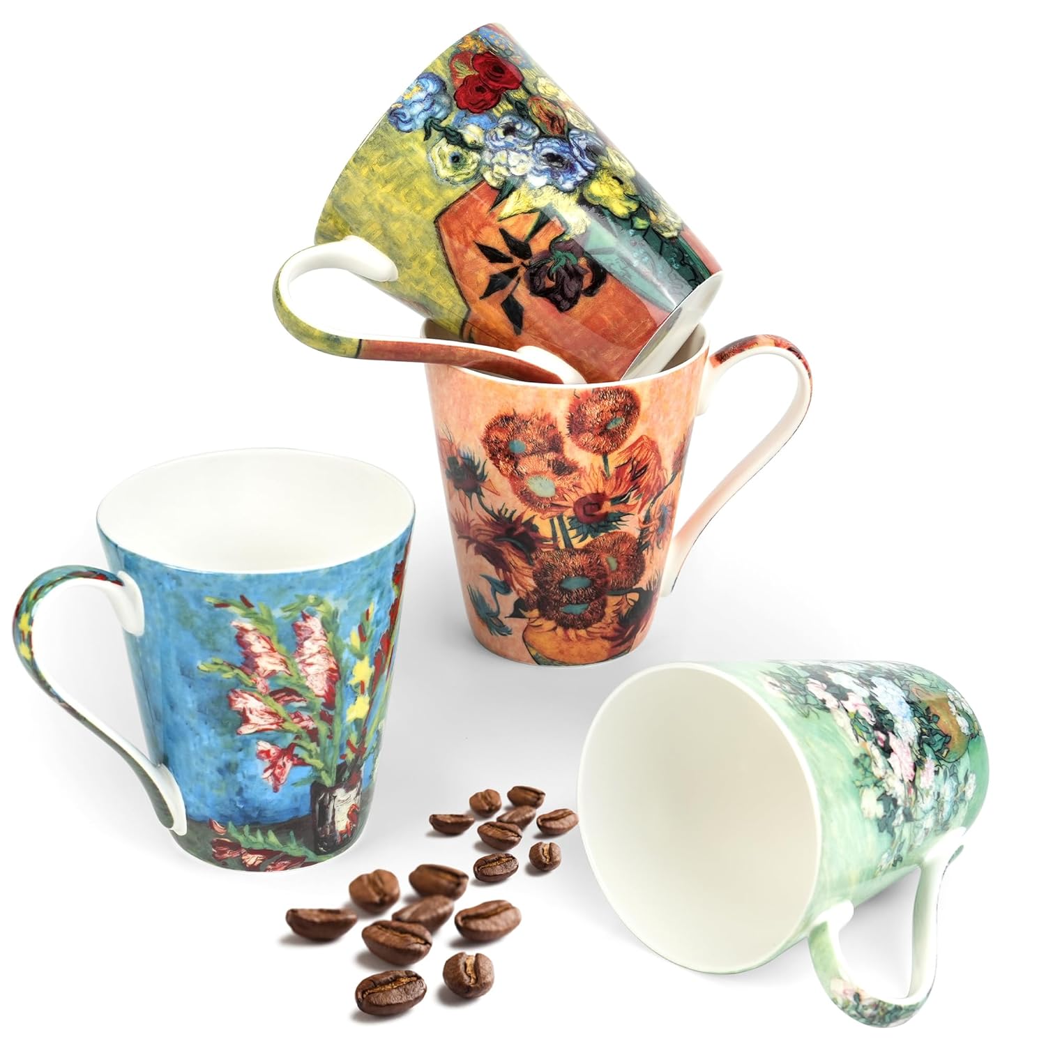 Coffee Mug Sets of 4, 12oz Bone China Porcelain Cups with Art Print Large Handle Dishwasher Microwave safe for Tea Cocoa or Hot Chocolate