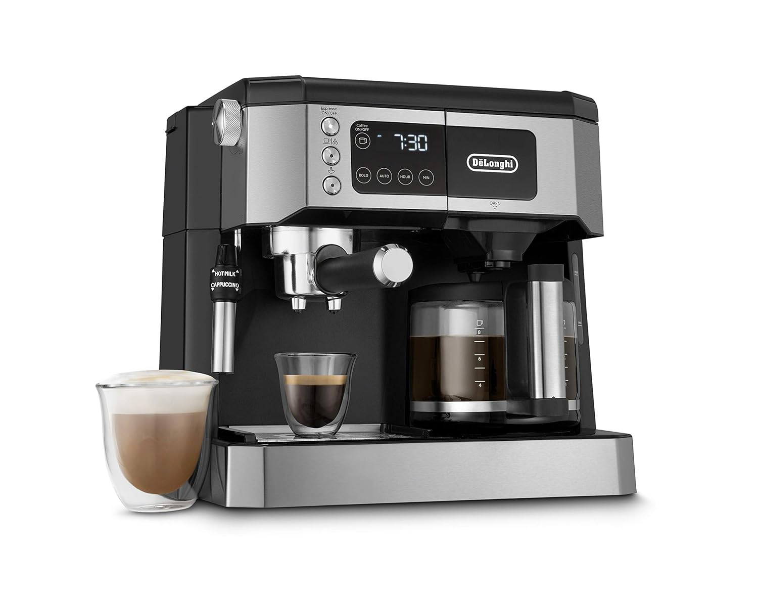 De’Longhi All-in-One Combination Coffee Maker & Espresso Machine + Advanced Adjustable Milk Frother for Cappuccino & Latte + Glass Coffee Pot 10-Cup, COM532M black