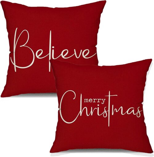 DFXSZ Christmas Throw Pillow Covers 16x16 Inch Set of 2 Merry Christmas Farmhouse Decorations Believe Holiday Decor Throw Cushion Case for Home Couch