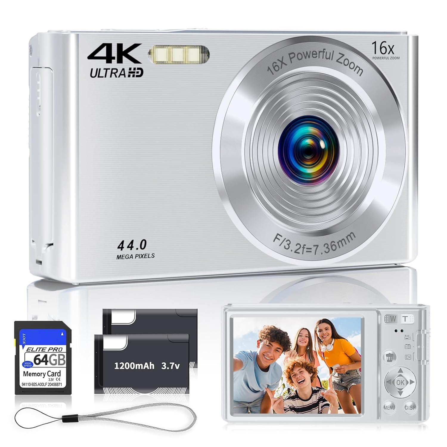 Digital Camera, 2025 4K 44MP Autofocus Digital Cameras for Teens, Silver Point and Shoot Camera for Kids with 16X Zoom, 64GB SD Card, Compact Small for Boys Girls Teens Kids Gift