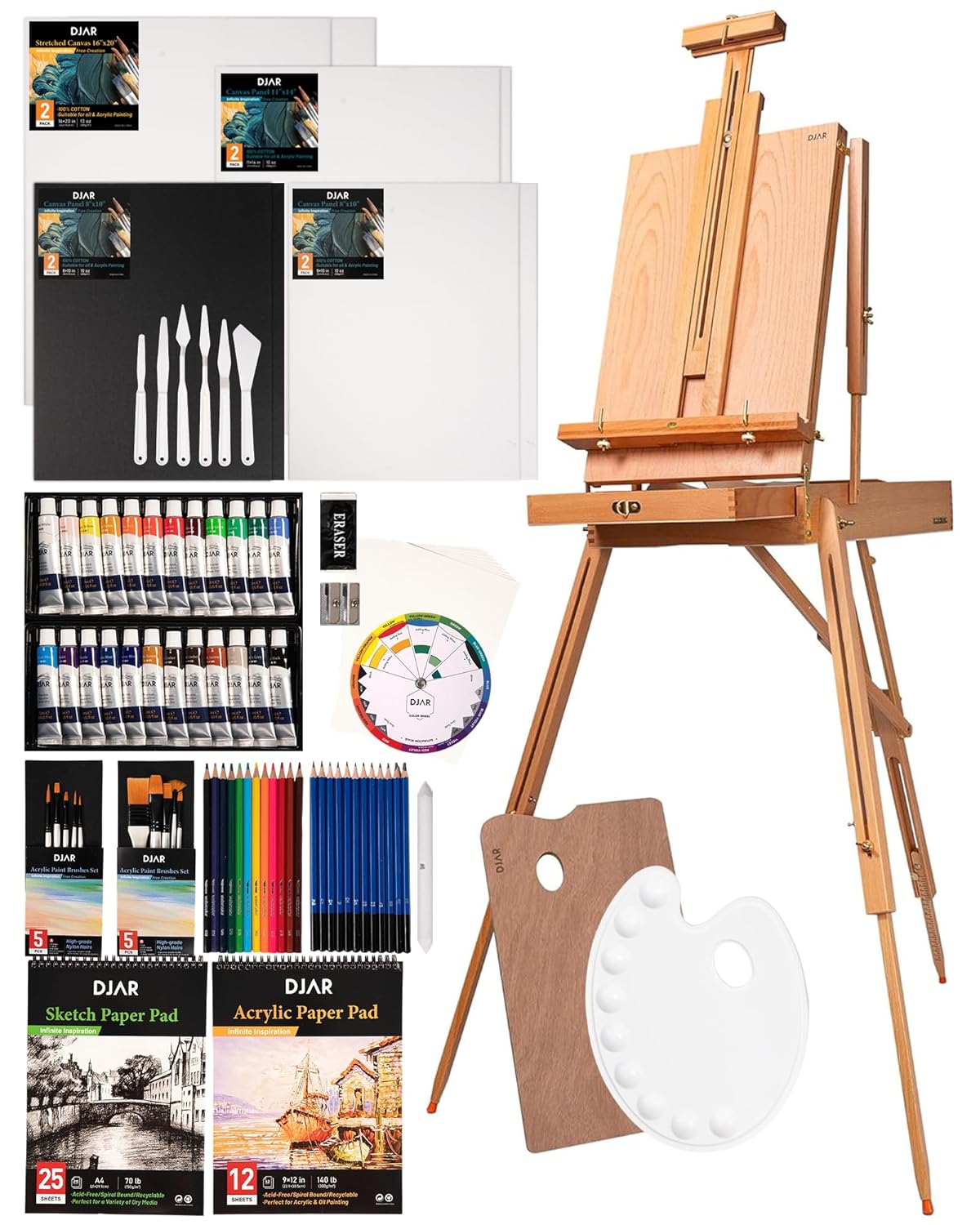 DJAR 89 pcs Acrylic Art Set with French Easel for Professional Artist, Painting Kit with paintbrushes, Canvas, Acrylic Art Supplies Kit for for Adults