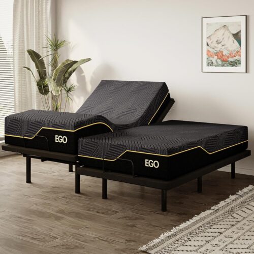 EGOHOME Split King Adjustable Bed Frame and 14" Memory Foam Mattress, Independent Head and Foot Incline Electric Bed with Massage, Wireless Remote, Zero Gravity, LED Lights, USB...