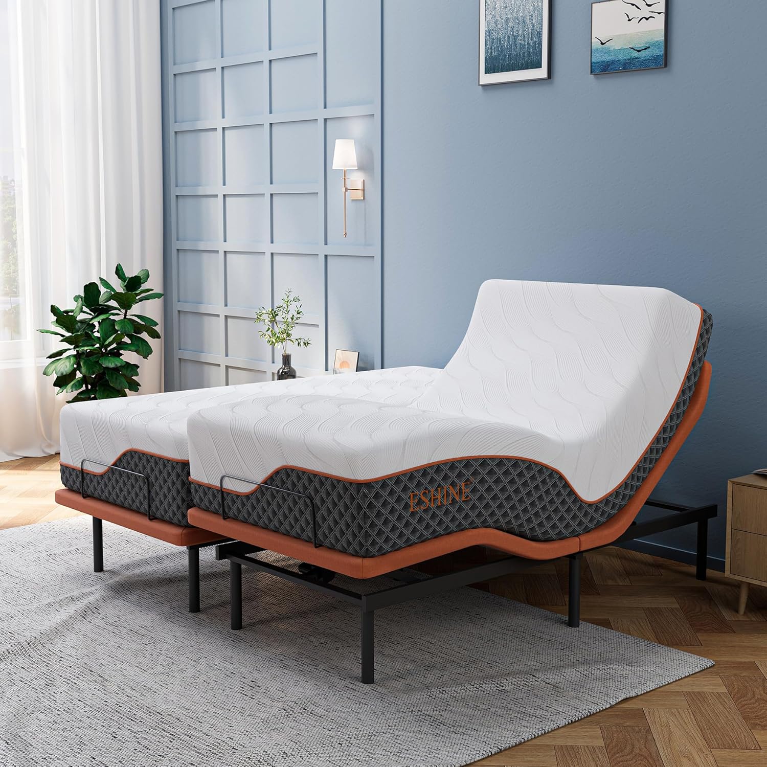 ESHINE Adjustable Bed Frame + 14 inch Hybrid Matt, Lumbar Support, Head-Pillow-Tillt, Smart App Control, Wireless Remote, Dual USB Port, 6000 Series, Split King