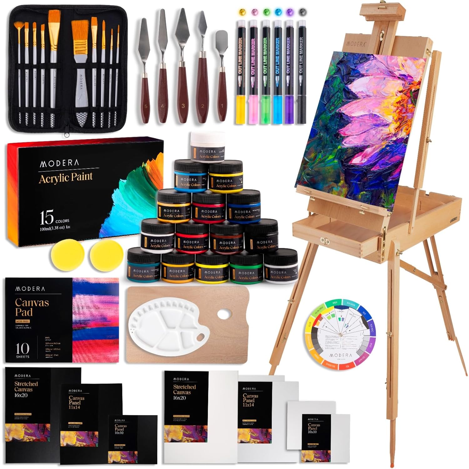 French Easel Acrylic Painting Set, Deluxe Artist Supplies Kit w/Coronado Style Wooden Field & Studio Sketch Box Easel, Stretched & Panel Canvases, Professional Paint, Premium…