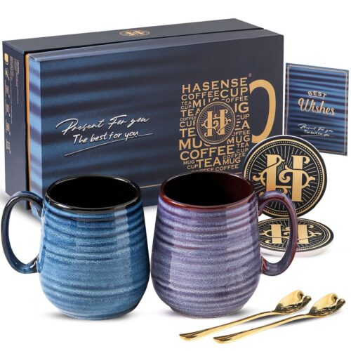 HASENSE Ceramic Coffee Mug Set, 20 Oz Tea Cups for Women and Men, Premium Large Latte Mugs with Handle, Gift Cup with Coaster & Gold Spoon for Couples, Blue & Purple